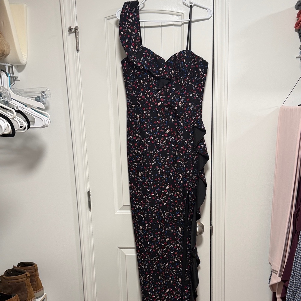 Aidan Mattox Black One-Shoulder Floral Ruffle Gown